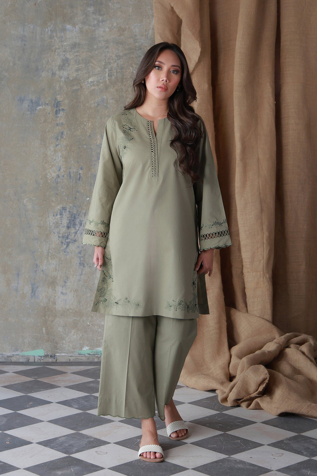 Neutral Edit by Sahar RTW Embroidered Cambric 2 Piece Suit Olive Dune Casual Collection