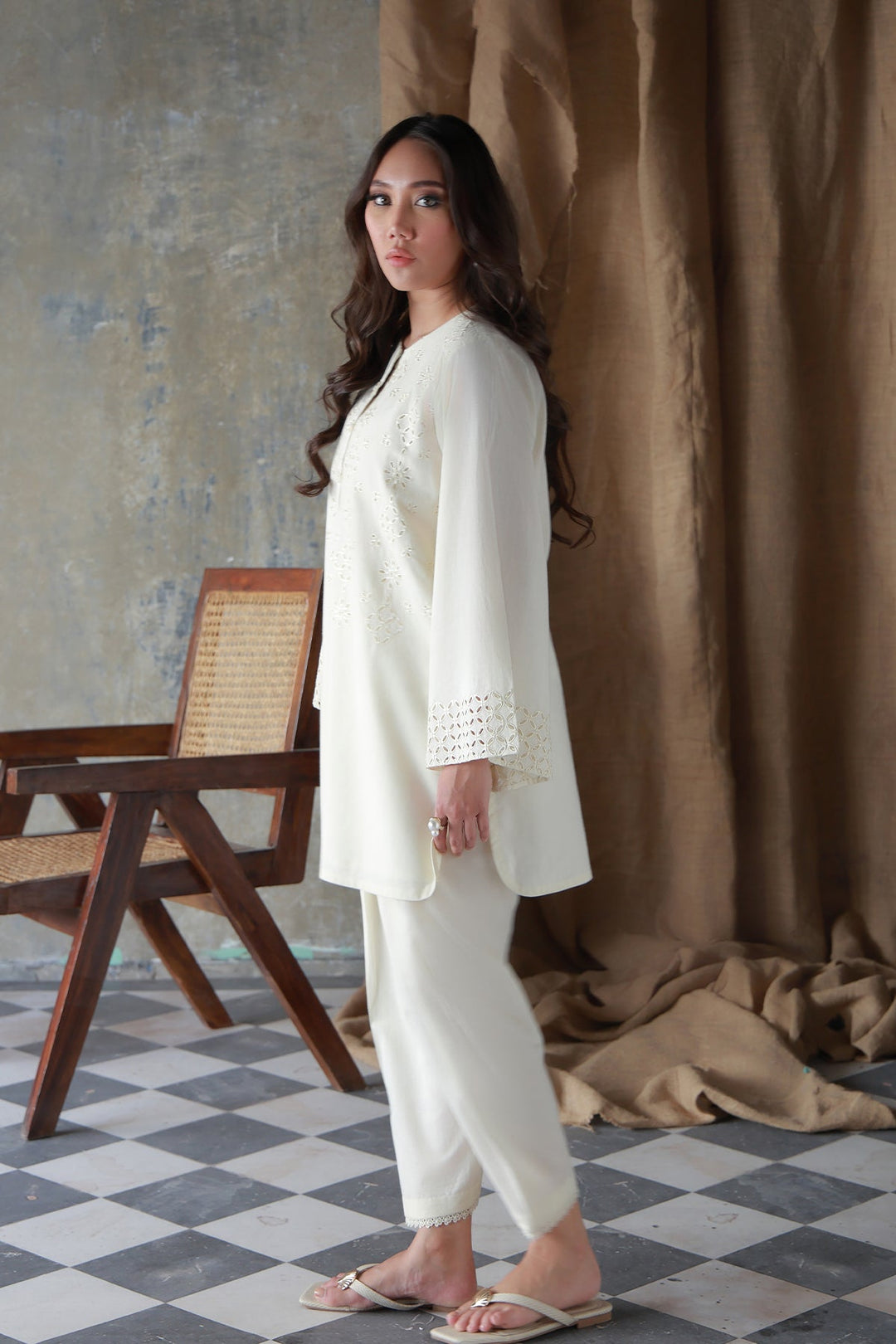 Neutral Edit by Sahar RTW Embroidered Cambric 2 Piece Suit Vanilla Hue Casual Collection