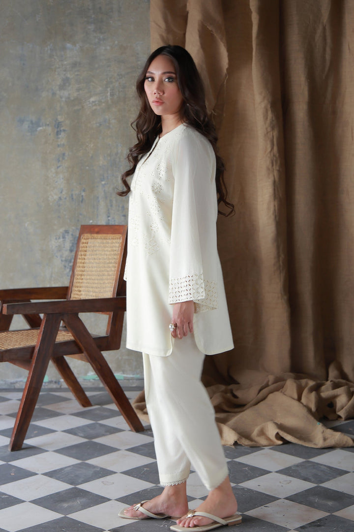 Neutral Edit by Sahar RTW Embroidered Cambric 2 Piece Suit Vanilla Hue Casual Collection