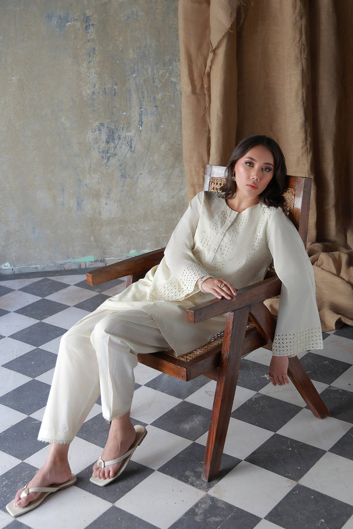 Neutral Edit by Sahar RTW Embroidered Cambric 2 Piece Suit Vanilla Hue Casual Collection