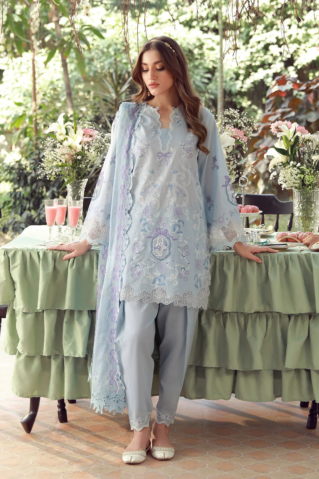 Sahar Unstitched Chikankari Lawn Sky Garden Waltz 3 Piece Suit CK-26-V2-09 - Summer Collection
