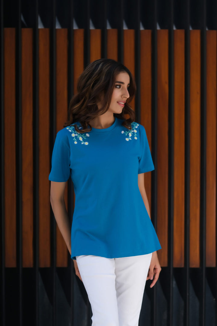 Dhaga Women Western Solids T- Shirt jersy Teal Blue DH10007 - Summer Collection
