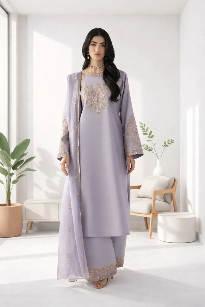 Silk Atelier by Jamni RTW Embroidered Korean Silk 3 Piece Suit LAVENDER MIST Festive Collection