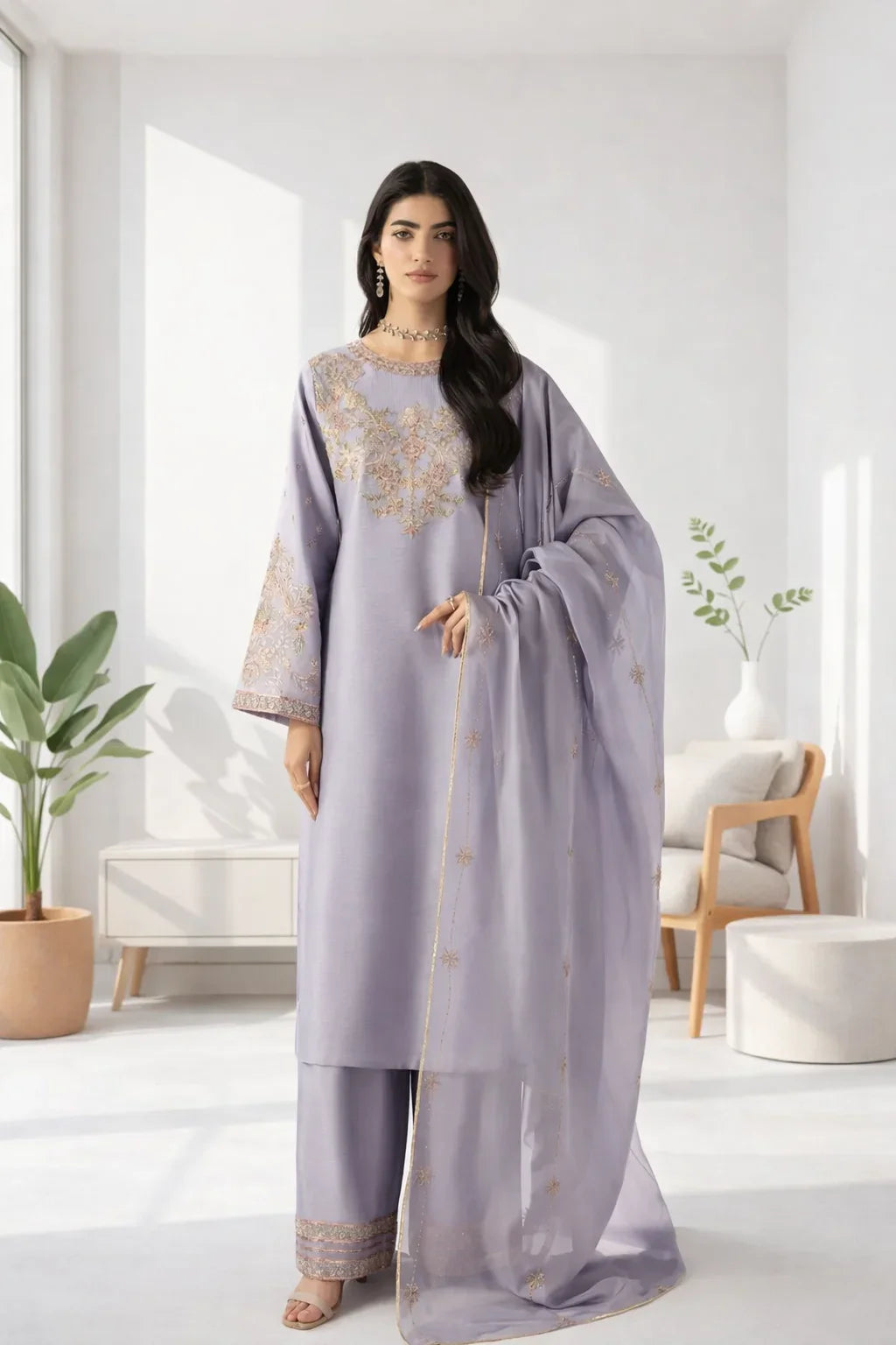 Silk Atelier by Jamni RTW Embroidered Korean Silk 3 Piece Suit LAVENDER MIST Festive Collection