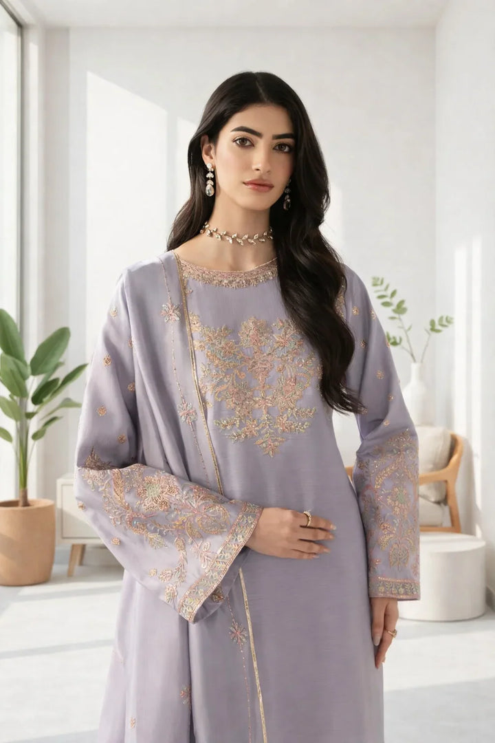 Silk Atelier by Jamni RTW Embroidered Korean Silk 3 Piece Suit LAVENDER MIST Festive Collection