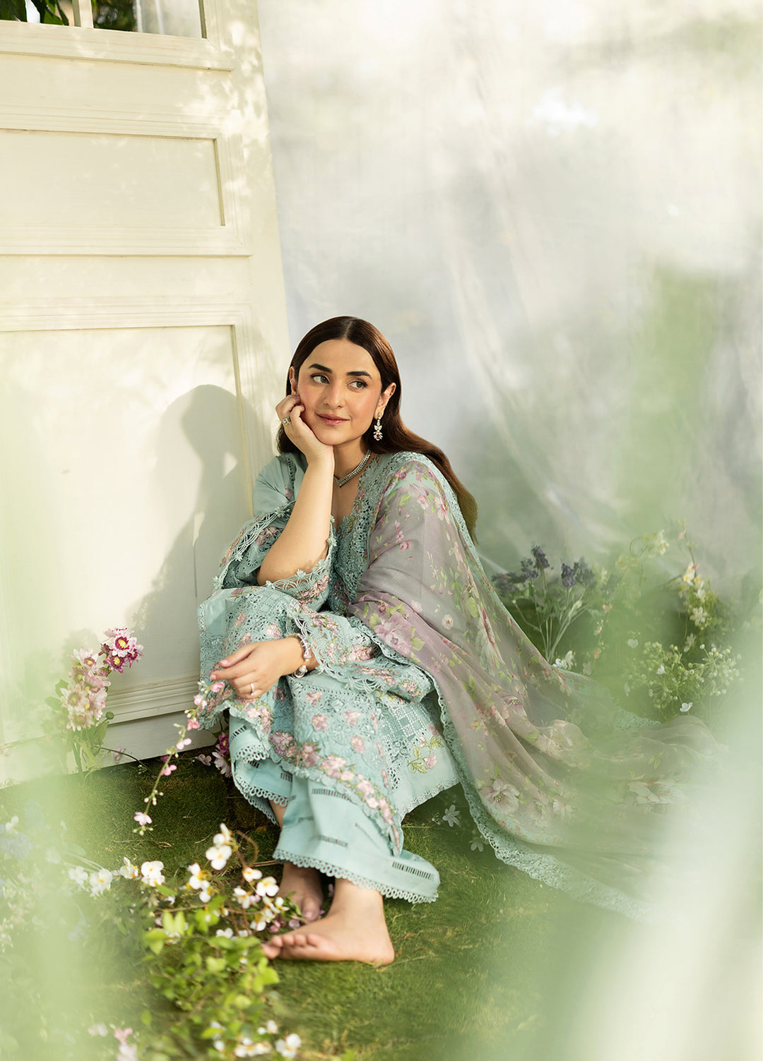 Elaf Premium Unstitched Embroidered Lawn 3 Piece Suit EL26ULF Mint Story ELQ-6B - Festive Collection