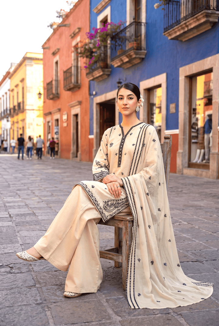Celestia Luxe by Maherposh RTW Chikankari Lawn 3 Piece Suit Ivory Noir SS-207 Casual Collection