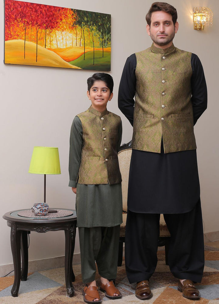 Real Image Jamawar Formal Waistcoat for Men -  OWP - 010 Green Brown
