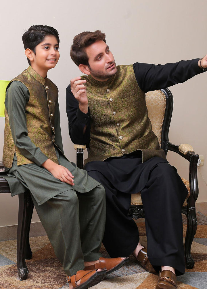 Real Image Jamawar Formal Waistcoat for Men -  OWP - 010 Green Brown