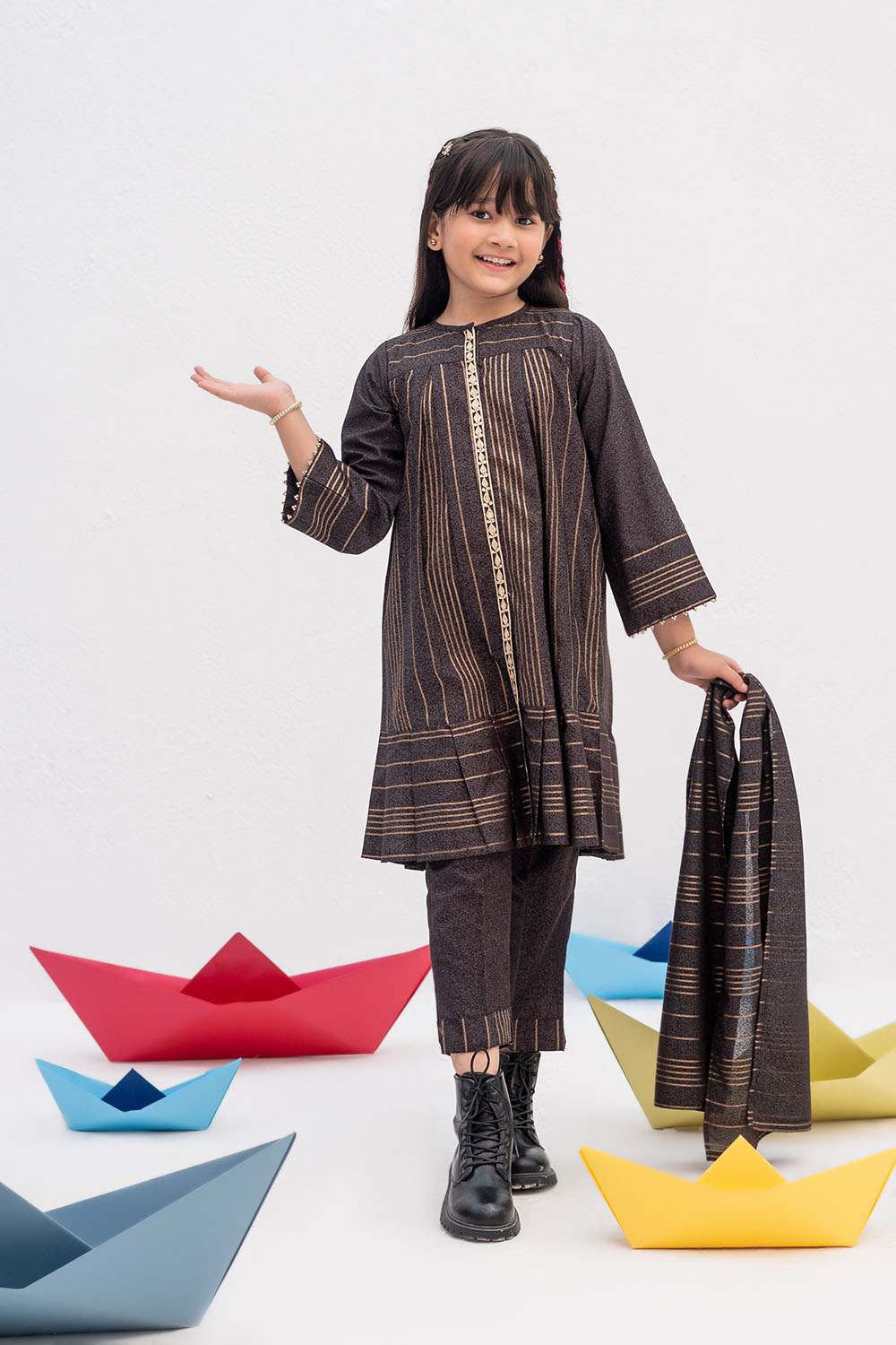 Senorita Kids RTW Black and Golden Casual 3 Piece Suit Karandi  KAD-02442 - Winter Collection