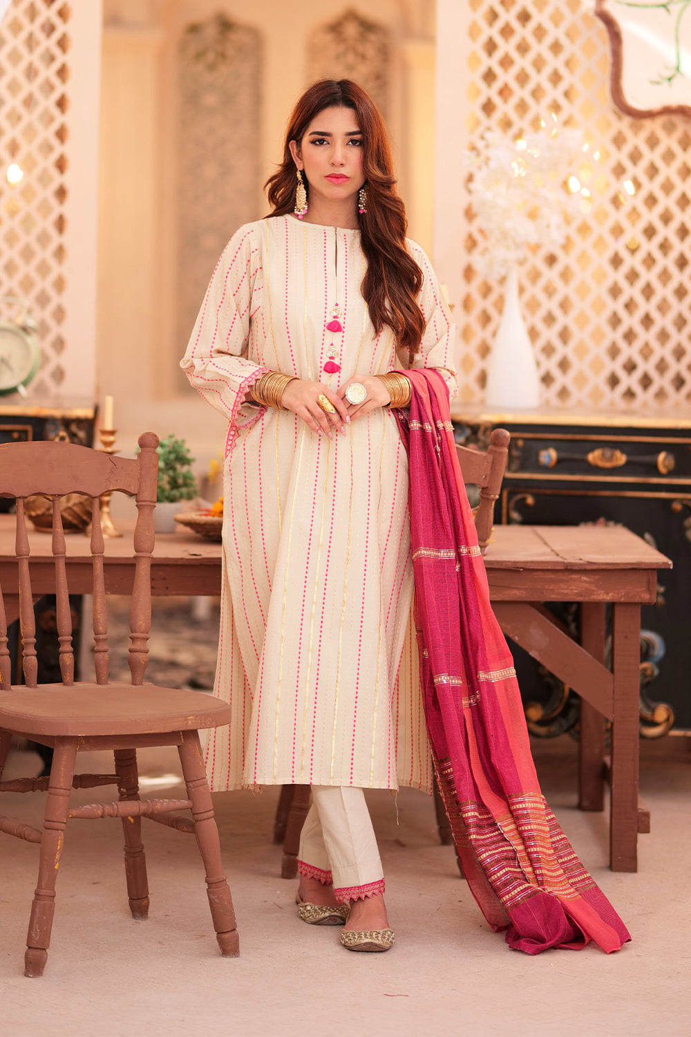 Senorita Women RTW Women Solids Fawn and pink Casual 3 Piece Suit Cotton Dobby LBD-02341 - Winter Collection