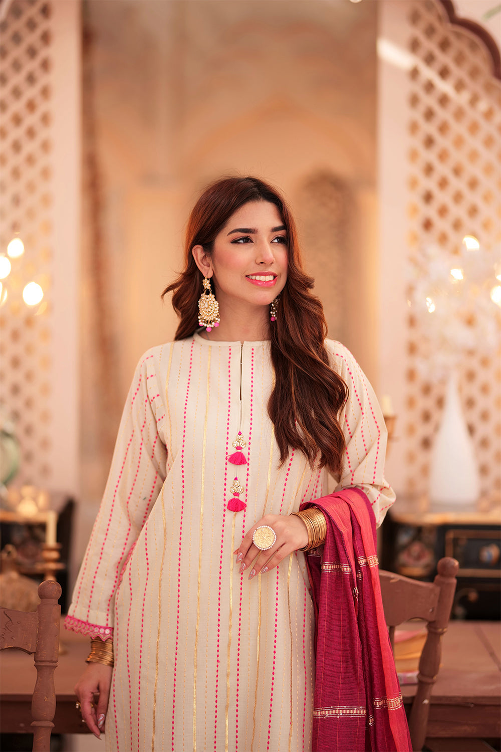 Senorita Women RTW Women Solids Fawn and pink Casual 3 Piece Suit Cotton Dobby LBD-02341 - Winter Collection