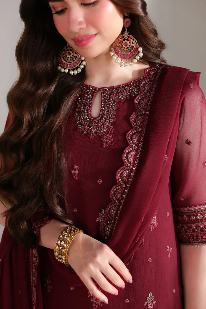 Ensembles by Azure Unstitched Embroidered Chiffon 3 Piece Suit AZ26UEF Ruby Rogue - Festive Collection