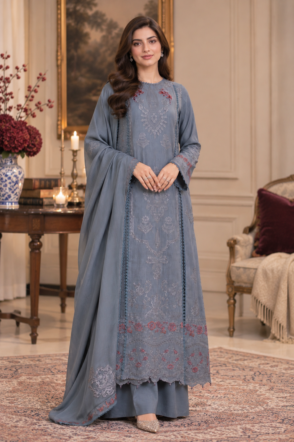 Noor Pashmina Shawl by Saadia Asad Unstitched Embroidered Khaddar 3 Piece Suit SA26UNW D9 - Winter Collection
