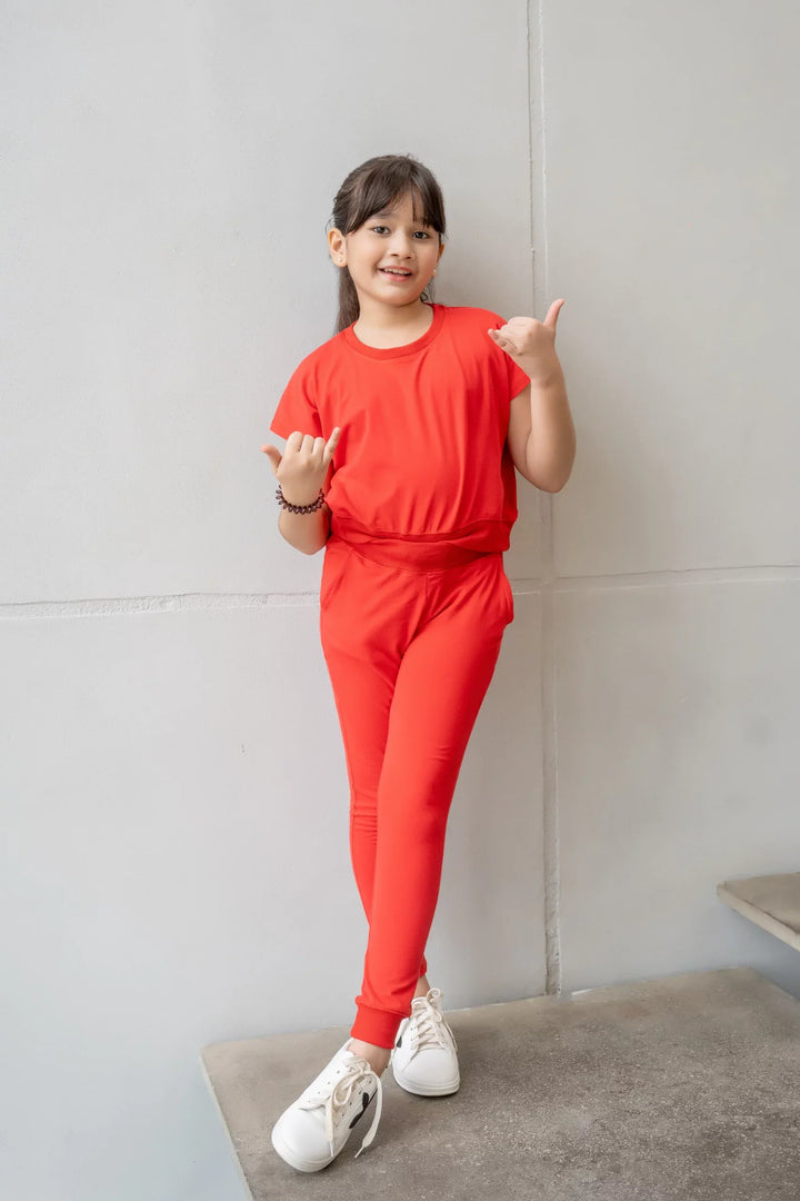 Dhaga Kids Pret Solids Jersy 2 Piece Co Ords Red DH-KD-CO - Summer Collection