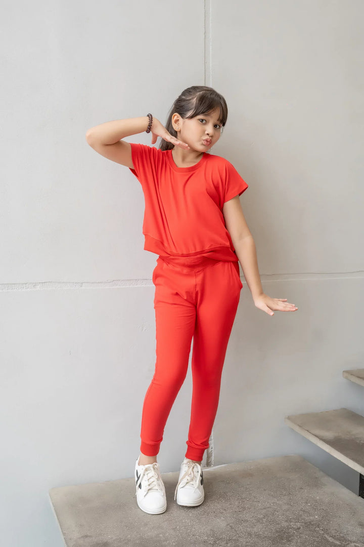 Dhaga Kids Pret Solids Jersy 2 Piece Co Ords Red DH-KD-CO - Summer Collection
