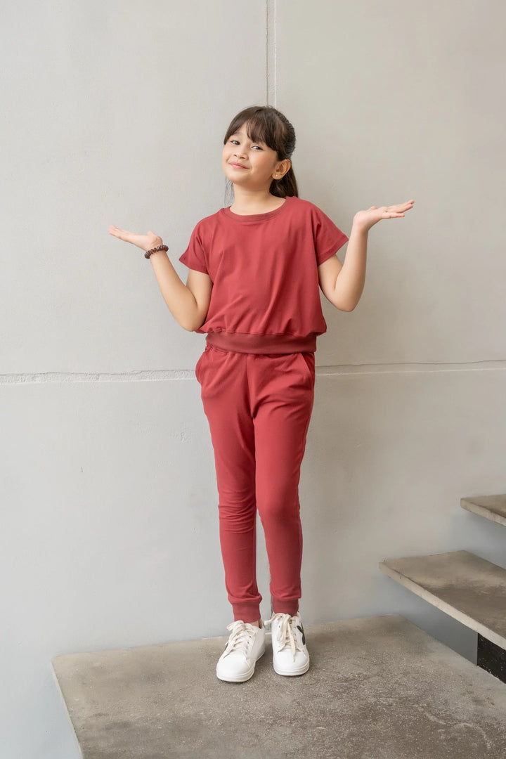 Dhaga Kids Pret Solids Jersy 2 Piece Co Ords Red Pear DH-KD-CO - Summer Collection