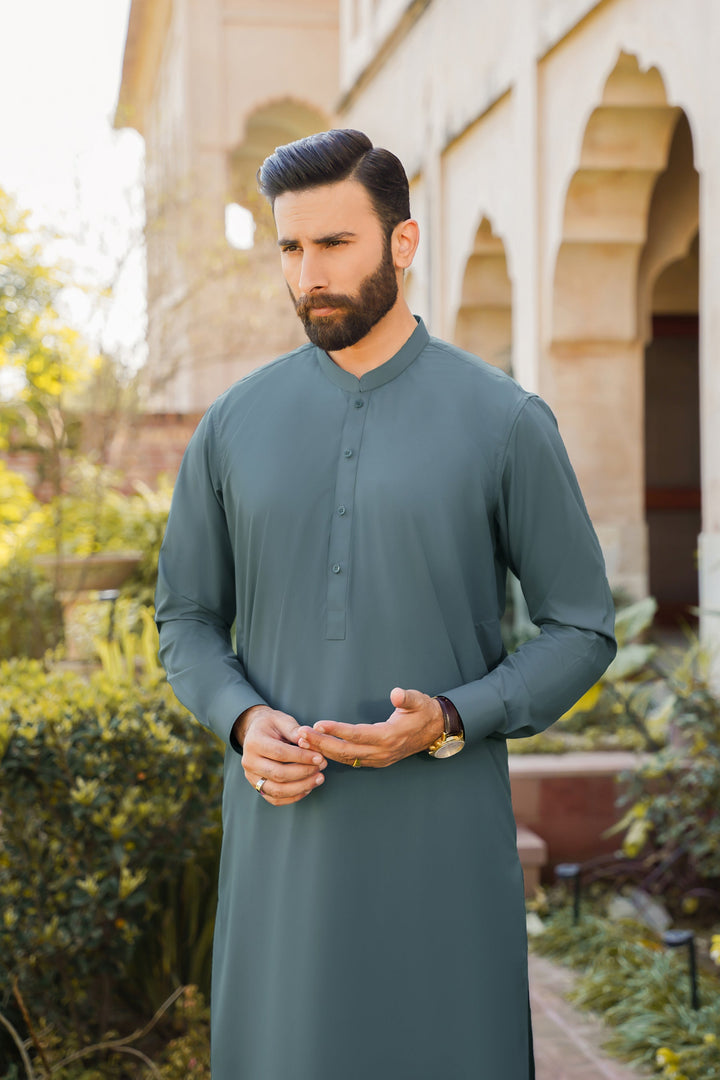 Divinely Crafted Men Ready To Wear Solids Cotton Shalwar Kameez Alpine Green - Summer Collection