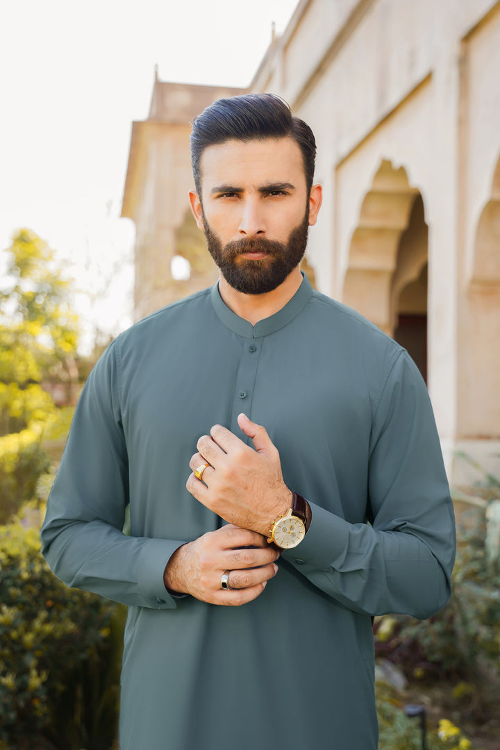 Divinely Crafted Men Ready To Wear Solids Cotton Shalwar Kameez Alpine Green - Summer Collection