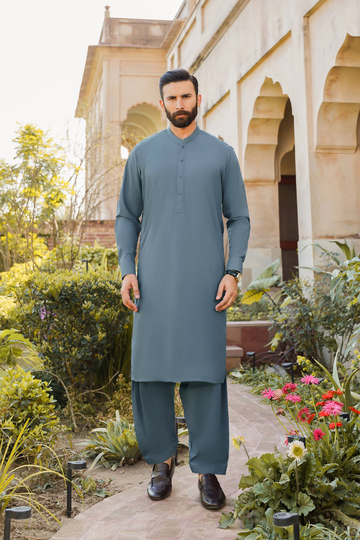 Divinely Crafted Men Ready To Wear Solids Cotton Shalwar Kameez Alpine Green - Summer Collection