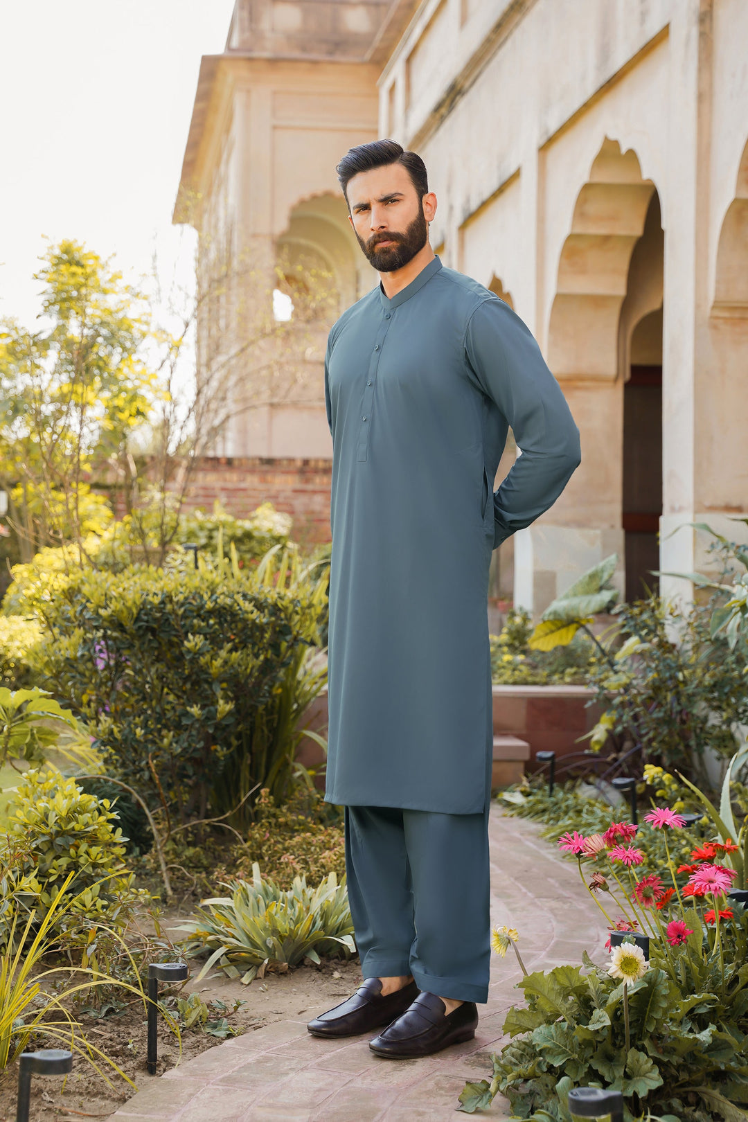Divinely Crafted Men Ready To Wear Solids Cotton Shalwar Kameez Alpine Green - Summer Collection