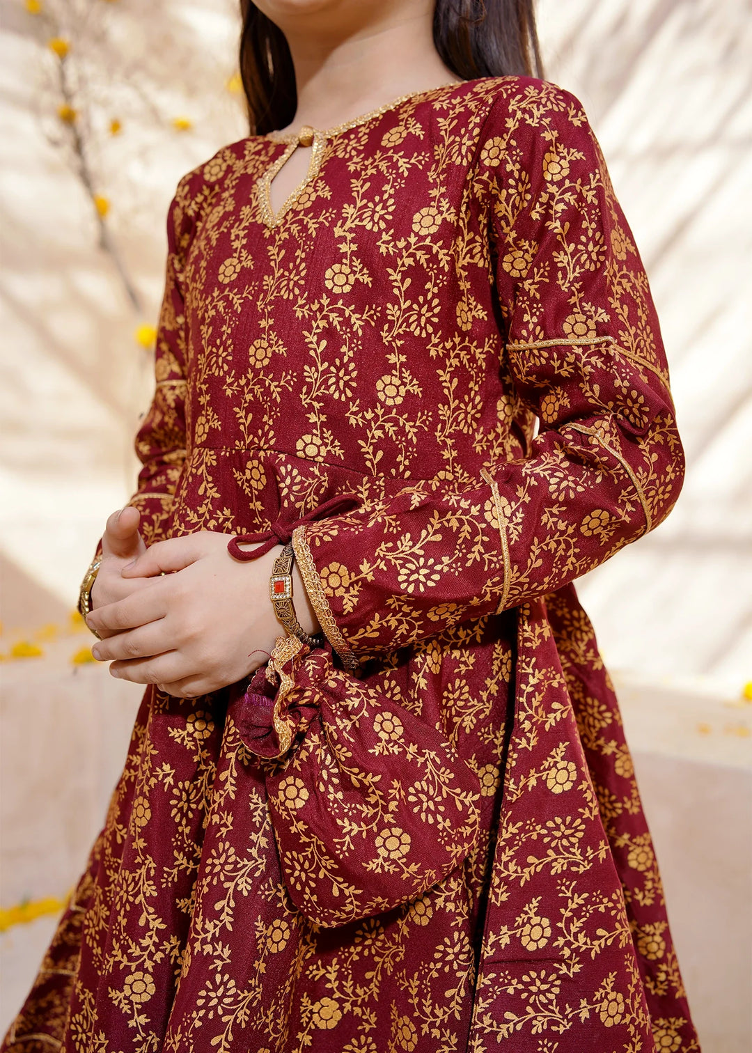 Modest Girls RTW Printed Silk 3 Piece Suit Maroon Frock Wedding Collection