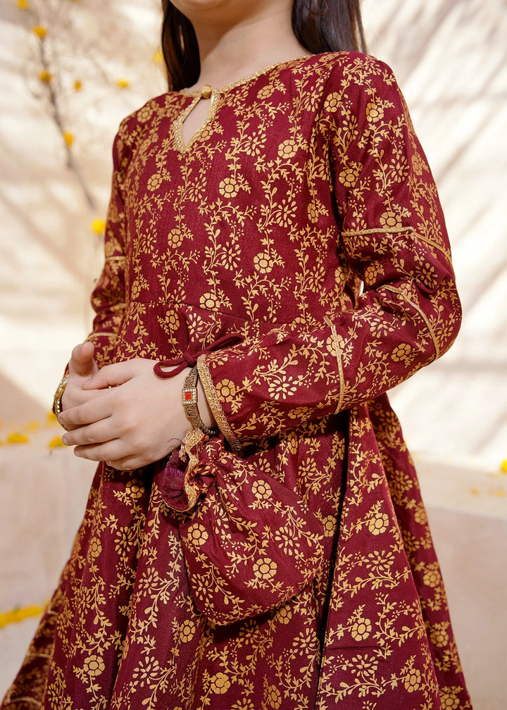 Modest Girls RTW Printed Silk 3 Piece Suit Maroon Frock Wedding Collection