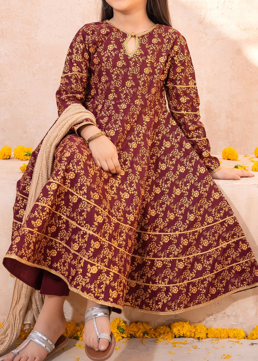 Modest Girls RTW Printed Silk 3 Piece Suit Maroon Frock Wedding Collection