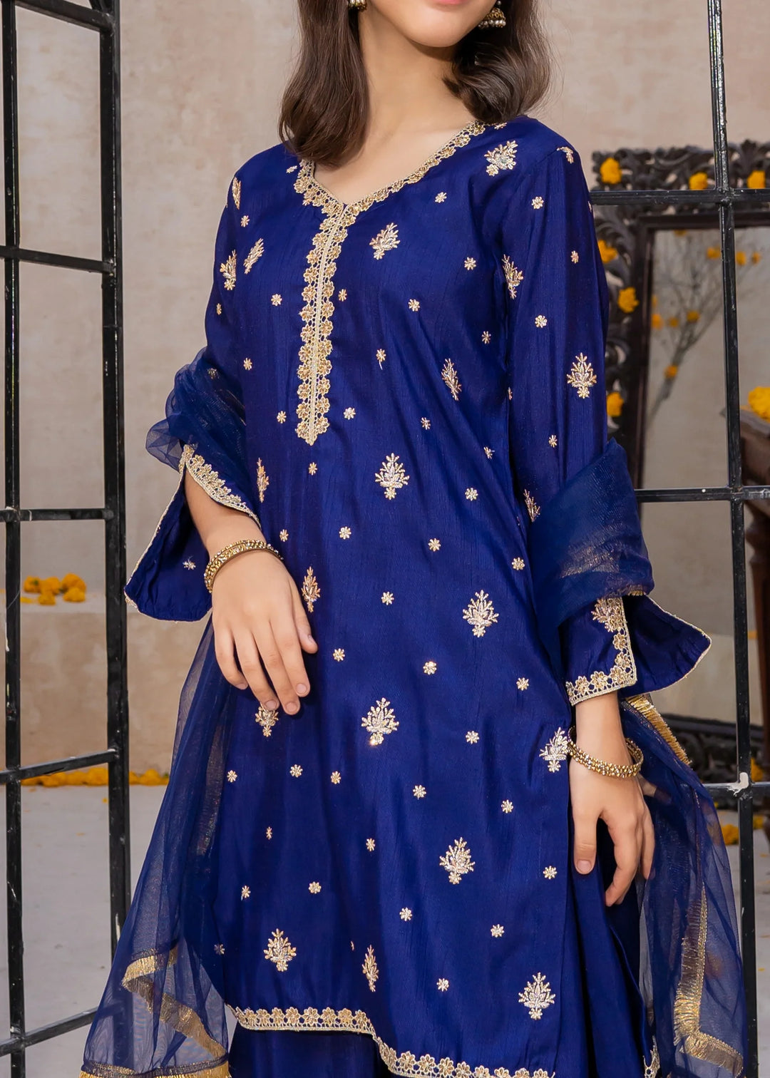Modest Girls RTW Embroidered Silk 3 Piece Suit Blue Gharara Wedding Collection