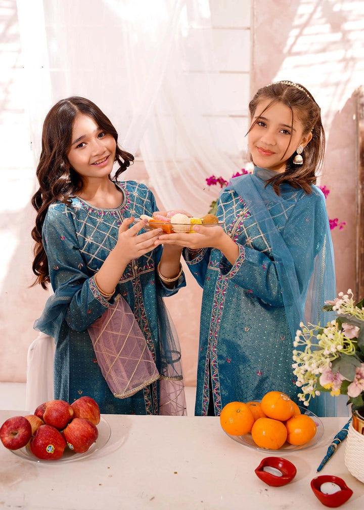 Modest Girls RTW Embroidered Cotton 3 Piece Suit Blue Festive Collection