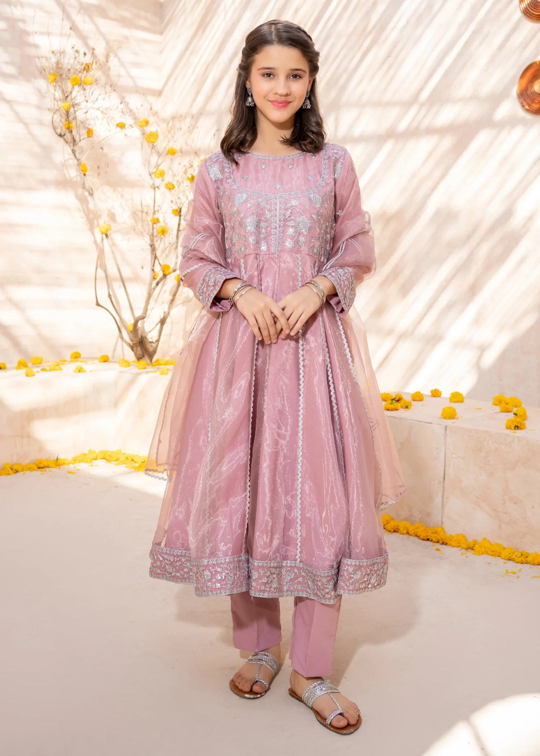 Modest Girls RTW Embroidered Tissue 3 Piece Suit Pink Frock-T Wedding Collection
