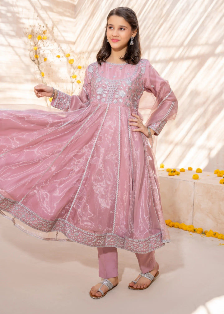Modest Girls RTW Embroidered Tissue 3 Piece Suit Pink Frock Wedding Collection