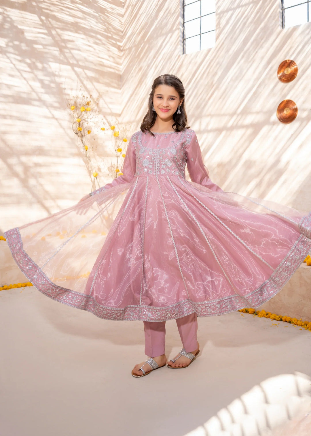 Modest Girls RTW Embroidered Tissue 3 Piece Suit Pink Frock Wedding Collection