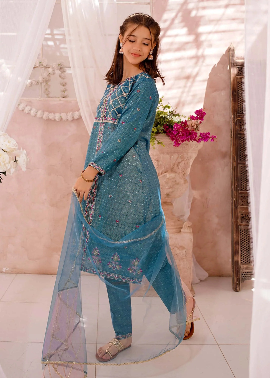 Modest Girls RTW Embroidered Cotton 3 Piece Suit Blue Festive Collection