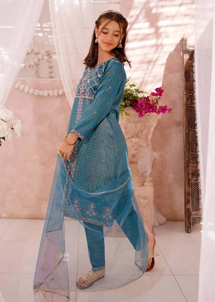 Modest Girls RTW Embroidered Cotton 3 Piece Suit Blue Festive Collection