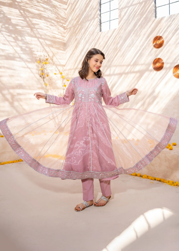 Modest Girls RTW Embroidered Tissue 3 Piece Suit Pink Frock Wedding Collection