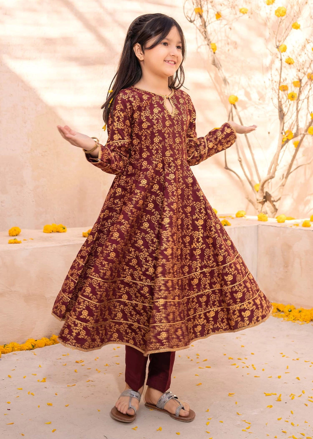 Modest Girls RTW Printed Silk 3 Piece Suit Maroon Frock Wedding Collection