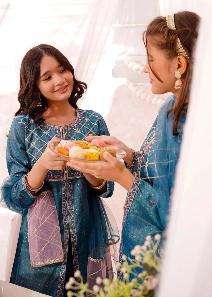 Modest Girls RTW Embroidered Cotton 3 Piece Suit Blue Festive Collection