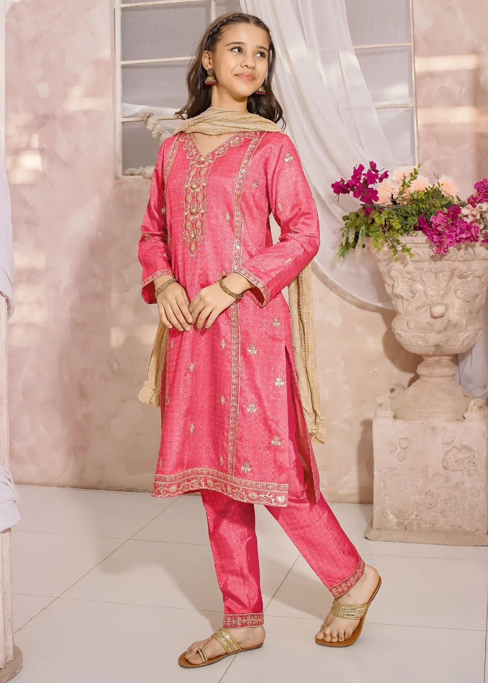 Modest Girls RTW Embroidered Mesuri 3 Piece Suit Pink-M1 Festive Collection