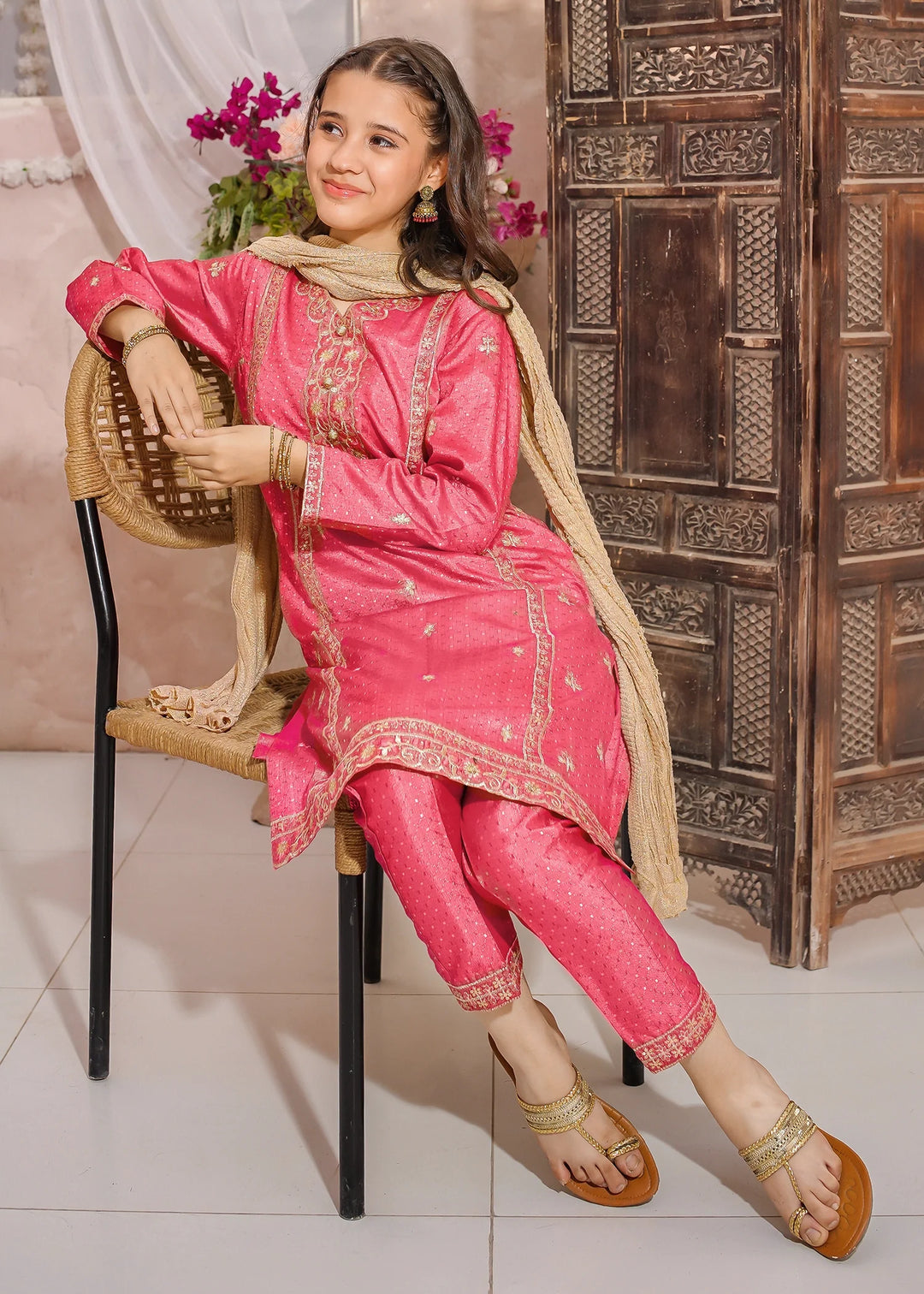 Modest Girls RTW Embroidered Mesuri 3 Piece Suit Pink-M1 Festive Collection