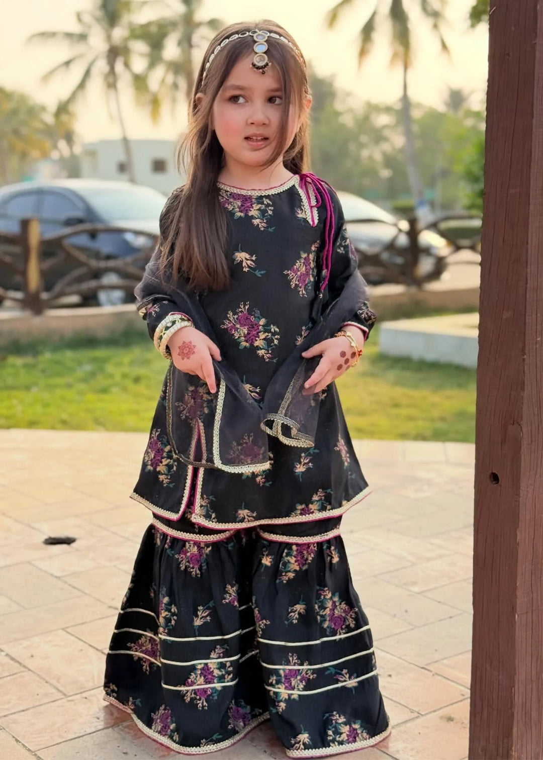 Modest Girls RTW Printed Silk 3 Piece Suit Black Wedding Collection