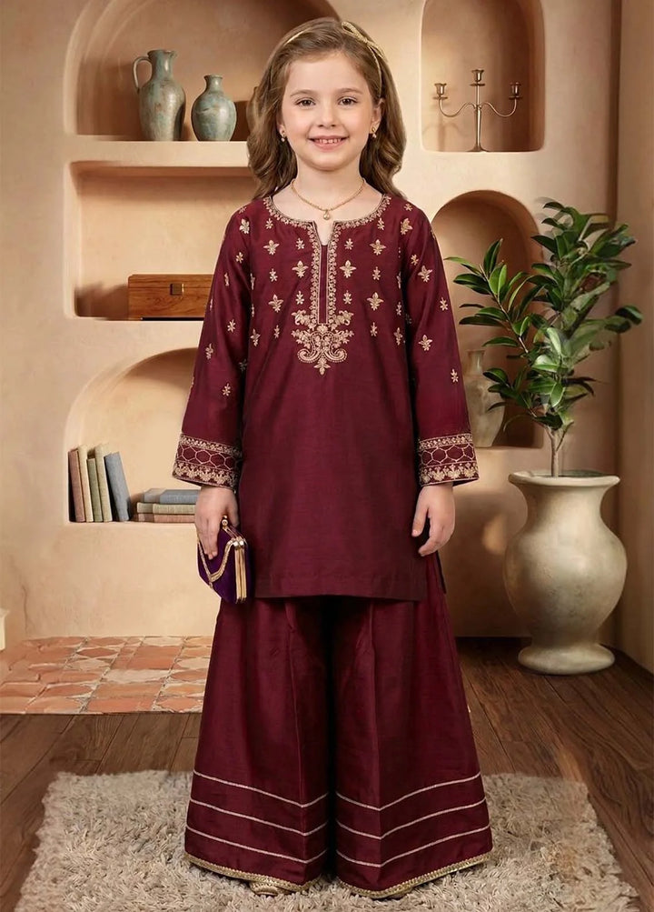 Modest Girls RTW Embroidered Viscose 3 Piece Suit Maroon Wedding Collection