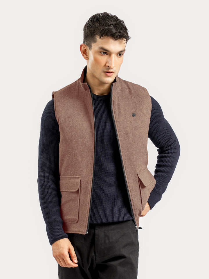 Brumano Ready To Wear Solids Cotton 1 Piece Men Auburn Brown Quilted Sleeveless Jacket 0-12-025-2931 - Winter Collection