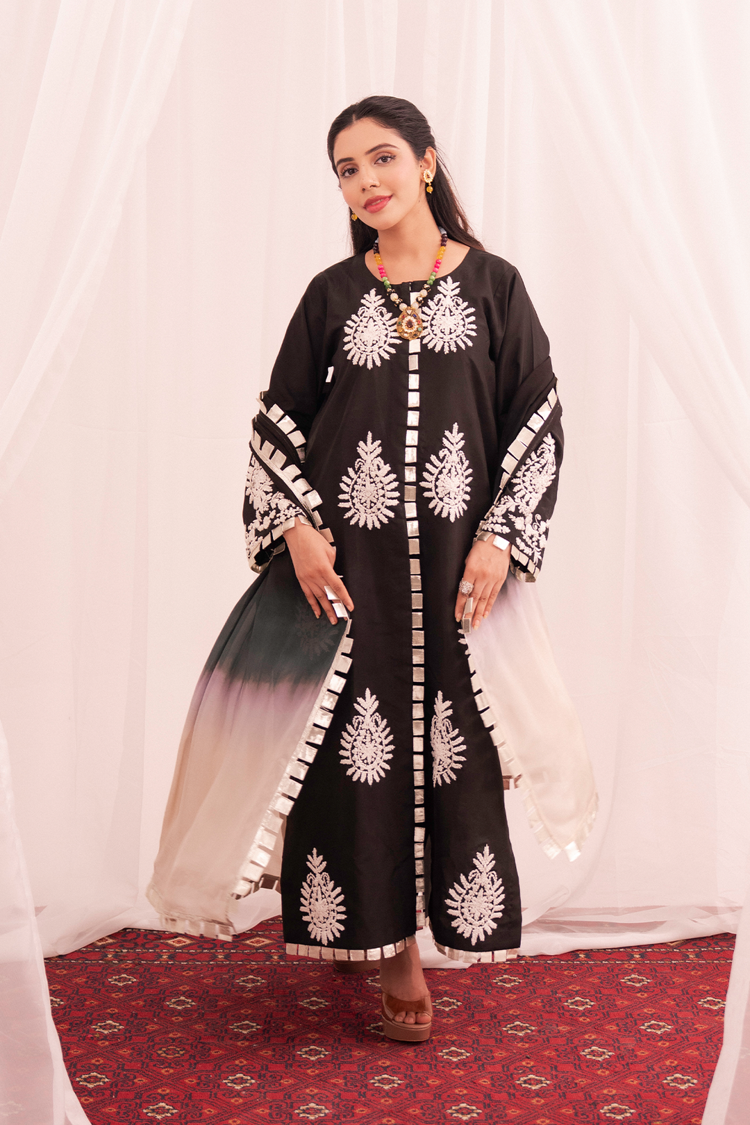 Maham Sultan Women RTW Embroidered Butter Silk 3 Piece Suit NOIR - Eid Collection