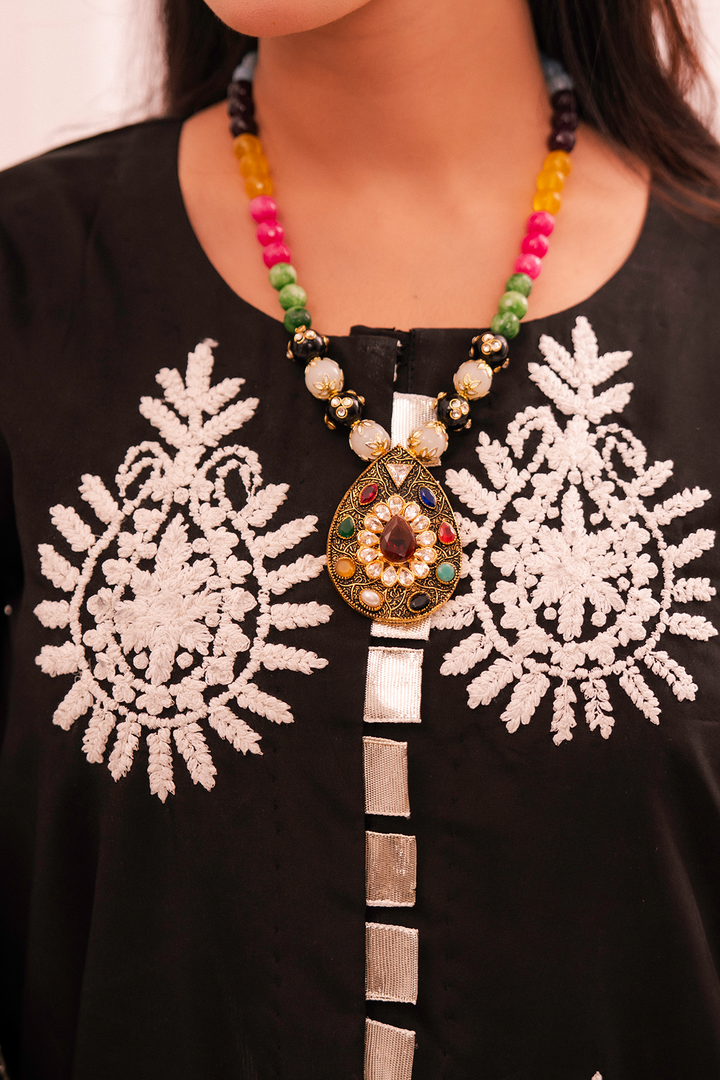 Maham Sultan Women RTW Embroidered Butter Silk 3 Piece Suit NOIR - Eid Collection