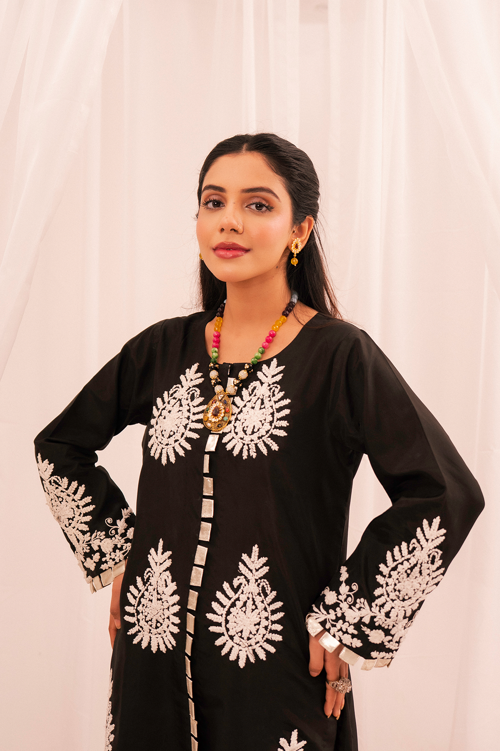 Maham Sultan Women RTW Embroidered Butter Silk 3 Piece Suit NOIR - Eid Collection