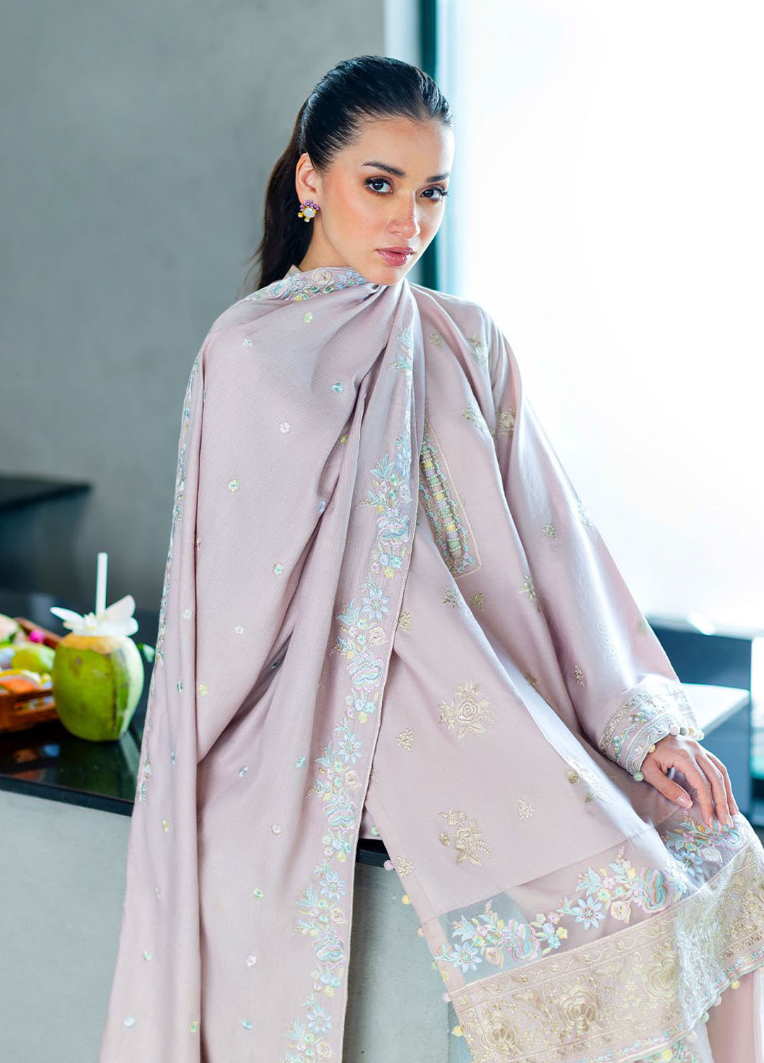 Cross Stitch Embroidered Cotton Satin Suits Unstitched 3 Piece CS25SU Blossom Tint - Winter Collection