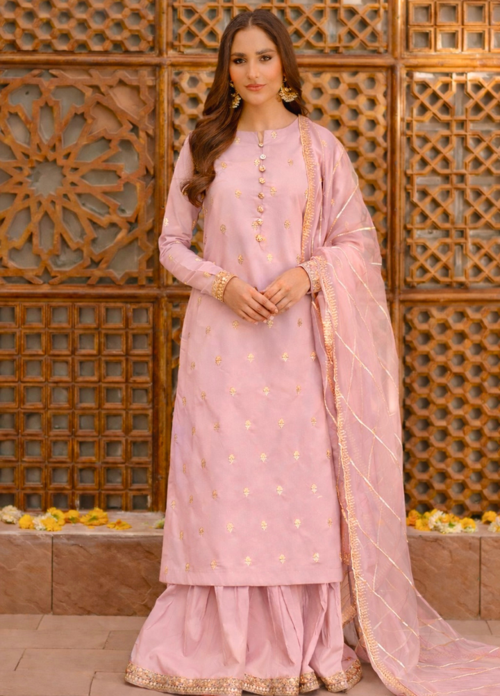 The Opulence by Girl Store RTW Solids Katan Silk 3 Piece Suit Blush Whisper - Eid Collection
