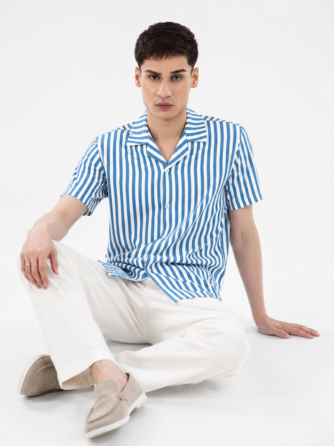 Brumano Mens RTW Solids Cotton Shirt Dark Blue N White Casual Collection