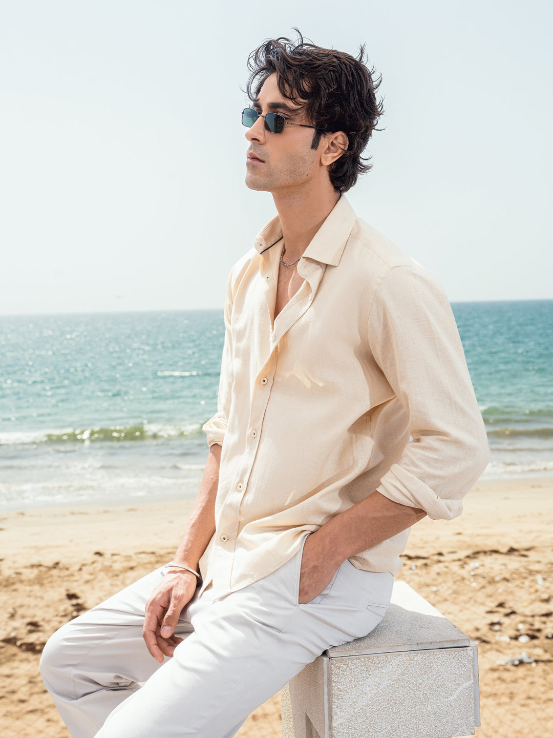 Brumano Mens RTW Solids Linen Shirt Beige Blended Western Collection